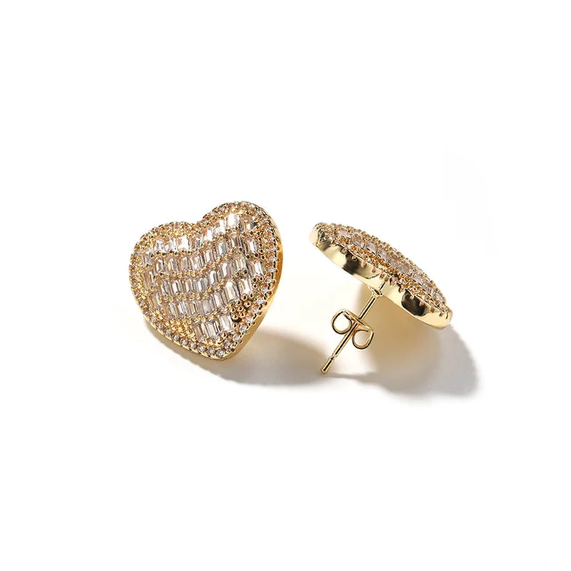 2 Styles Baguettecz Heart Shaped Screw Back Stud Earring Iced Out Cubic Zirconia Women Hiphop Jewelry Best Gift
