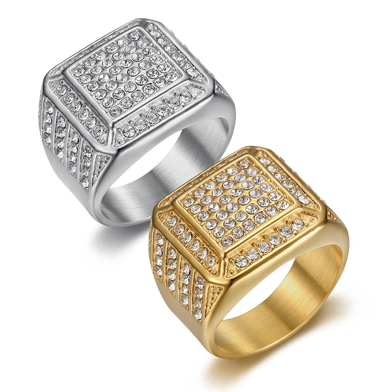 HIP Hop Rhinestone Paved Bling Iced Out Stainless Steel Geometric Square Finger Ring for Men Rapper Jewelry Gift