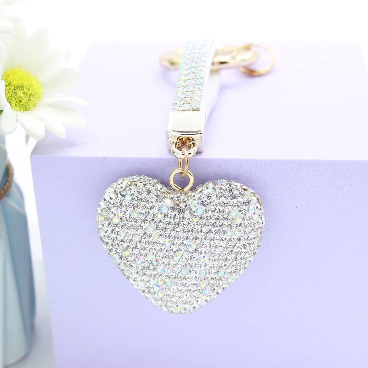 Rhinestone Heart Shape Keychains Glitter Crystal Heart Key Rings Bling Premium Crystal Key Chain Leather Bag Charm for Women Girls (White)