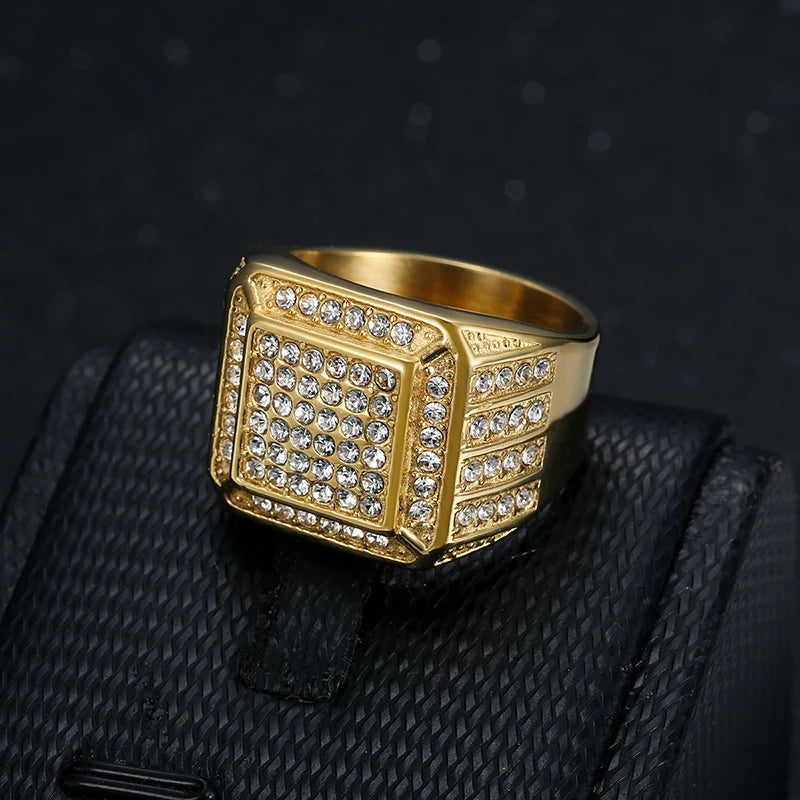 HIP Hop Rhinestone Paved Bling Iced Out Stainless Steel Geometric Square Finger Ring for Men Rapper Jewelry Gift