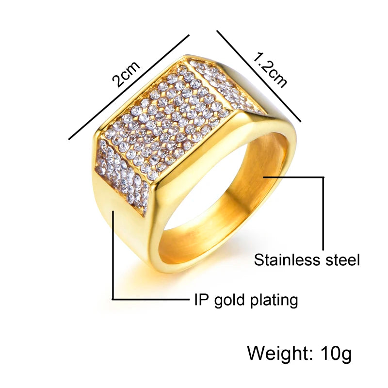 Hop Gold Color Stainless Steel Micro Pave Rhinestone Iced Out Bling Square Rings for Men Jewelry Dropsping