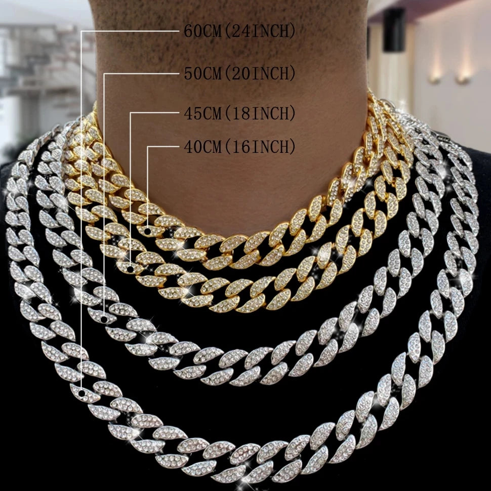 Hip Hop Prong Cuban Link Chain Necklace & Bracelet Iced Out Bling Cuban Chain Rhinestone Chains for Men Punk Rapper Jewelry