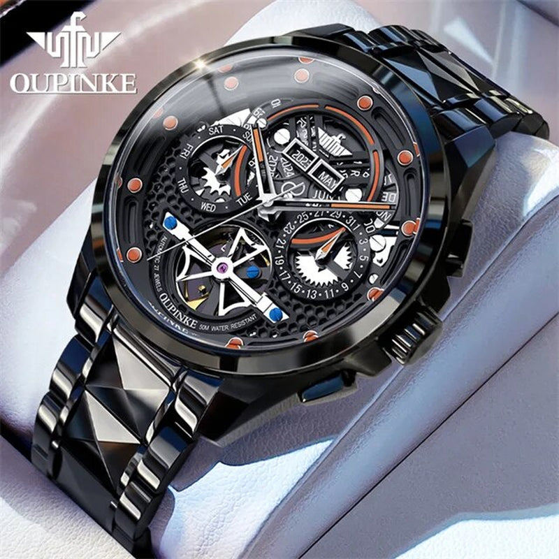 Original New in Skeleton Automatic Watch for Men Tungsten Steel Mechanical Wristwatch Multi-Functions Business Man Watch