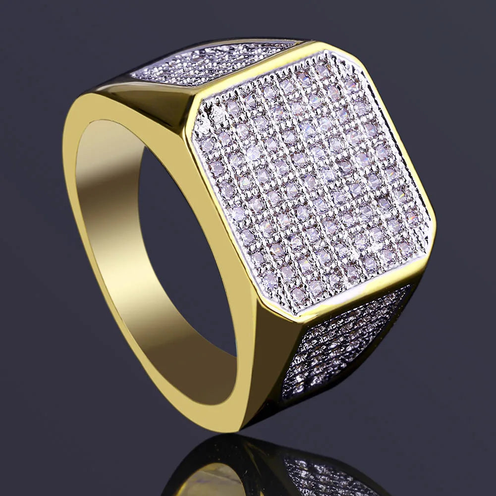 New Design, Gold Color Plated Ring, Micro Paved Big Zircon, Hip Hop Finger Ring for Men and Women