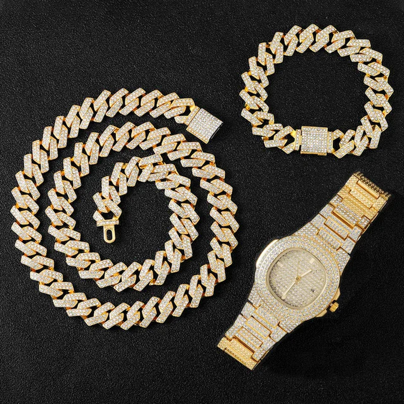 Hip Hop Prong Cuban Link Chain Necklace & Bracelet Iced Out Bling Cuban Chain Rhinestone Chains for Men Punk Rapper Jewelry