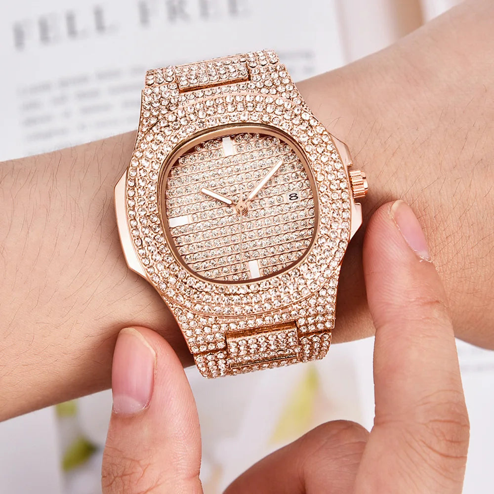 Brand Iced Out Diamond Watch Quartz Gold HIP HOP Watches with Micropave CZ Stainless Steel Watch Clock Relogio