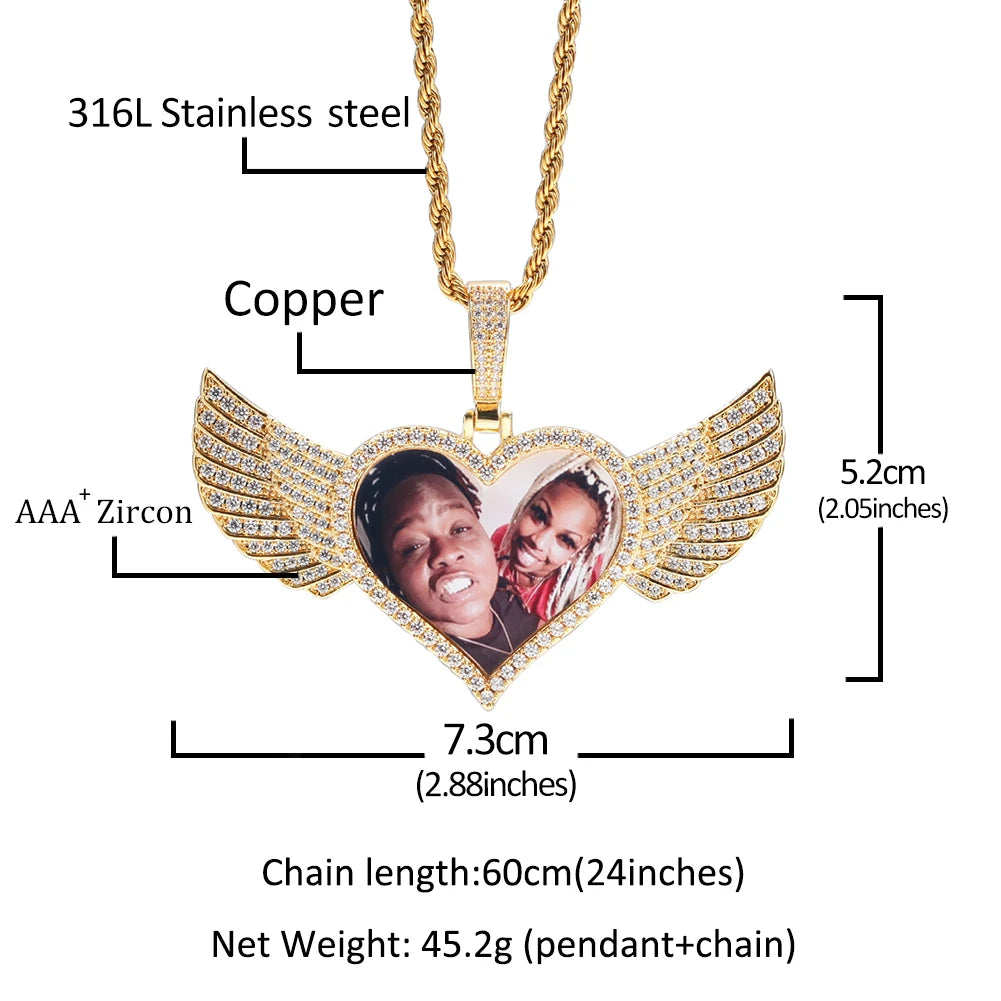 Custom Photo Necklace Heart with Wing Men Charm Hiphop Bling Iced Out Jewelry for Gift Tennis Chain