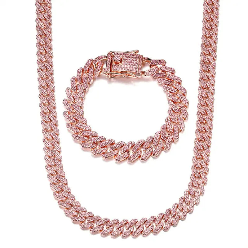 Hop 12MM Prong Cuban Chain Full Iced Out Paved Pink Rhinestones Miami CZ Bling Rapper Necklaces Bracelets for Women Jewelry