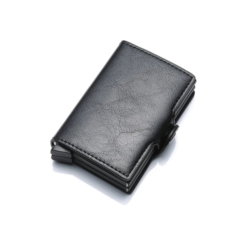 Anti Rfid Credit Card Holder Double Wallet Case Men Aluminum Metal Business Bank Creditcard Passes Holder Leather Pocket Bag