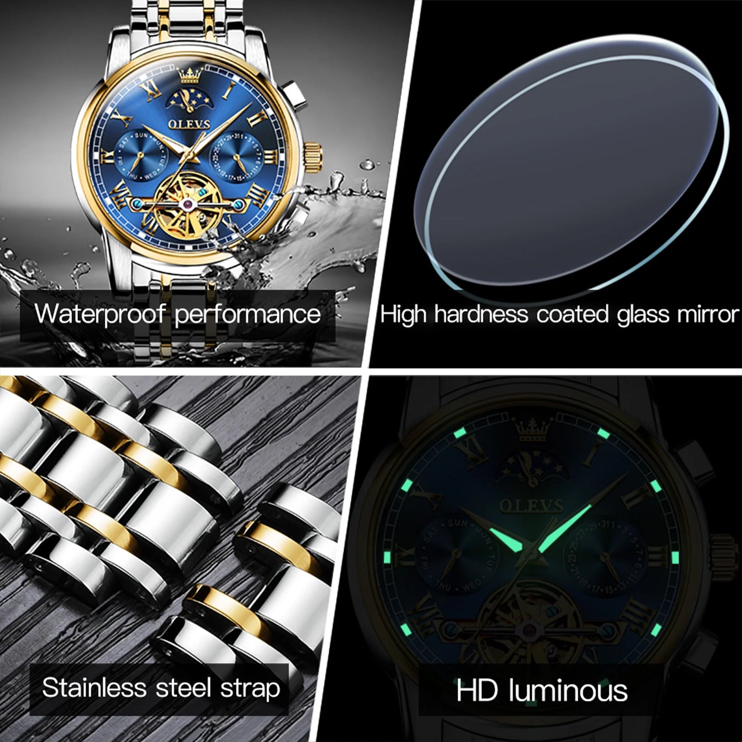 Automatic Watches for Men Skeleton Mechanical Self Winding Luxury Business Dress Watch Moon Phase Day Date Waterproof Watch Reloj Para Hombre, Gifts for Men, Male Watch 6617