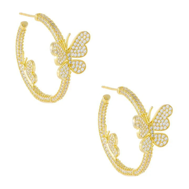 Spring New Fashion Women Jewelry Full Micro Pave CZ Iced Out Bling Butterfly Circle Hoop Earring