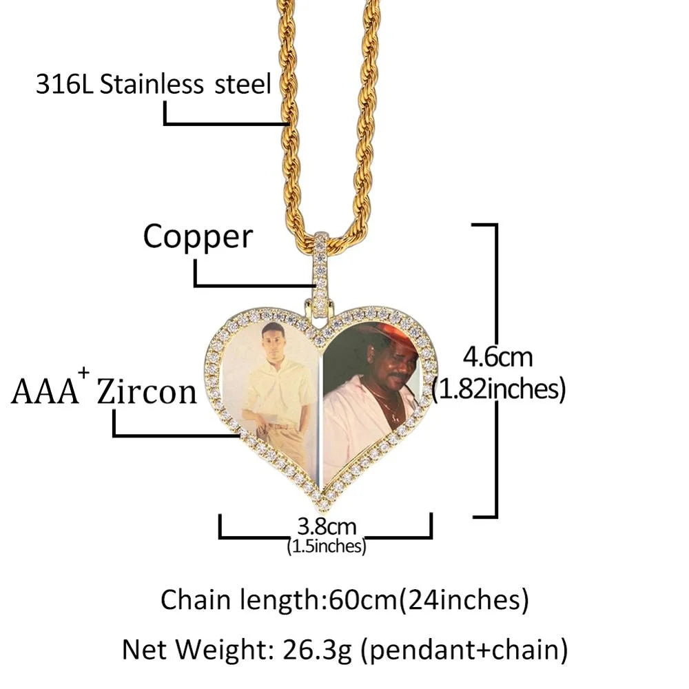 Custom Photo Necklace Heart Men Charm Hiphop Bling Iced Out Jewelry Solid Back for Gift Tennis Chain