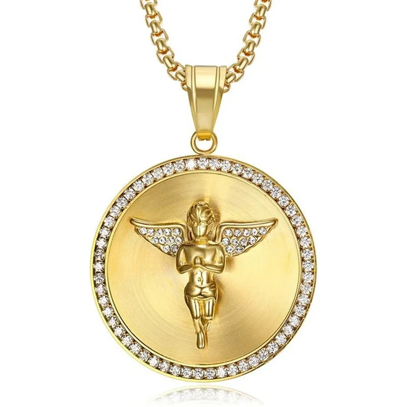 Hip Hop Iced Out Bling Angel Pendant Necklace for Men Gold Color Stainless Steel Rhinestone round Necklace Jewelry Dropshipping