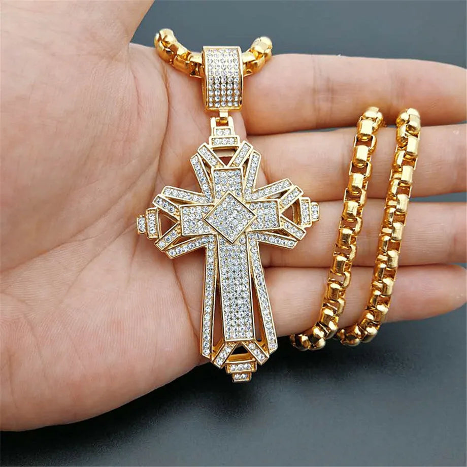 2019 Newest Iced Out Stainless Steel Big Cross Pendant Necklace for Men Gold Color Christian Cruzar Necklace Religious Jewelry