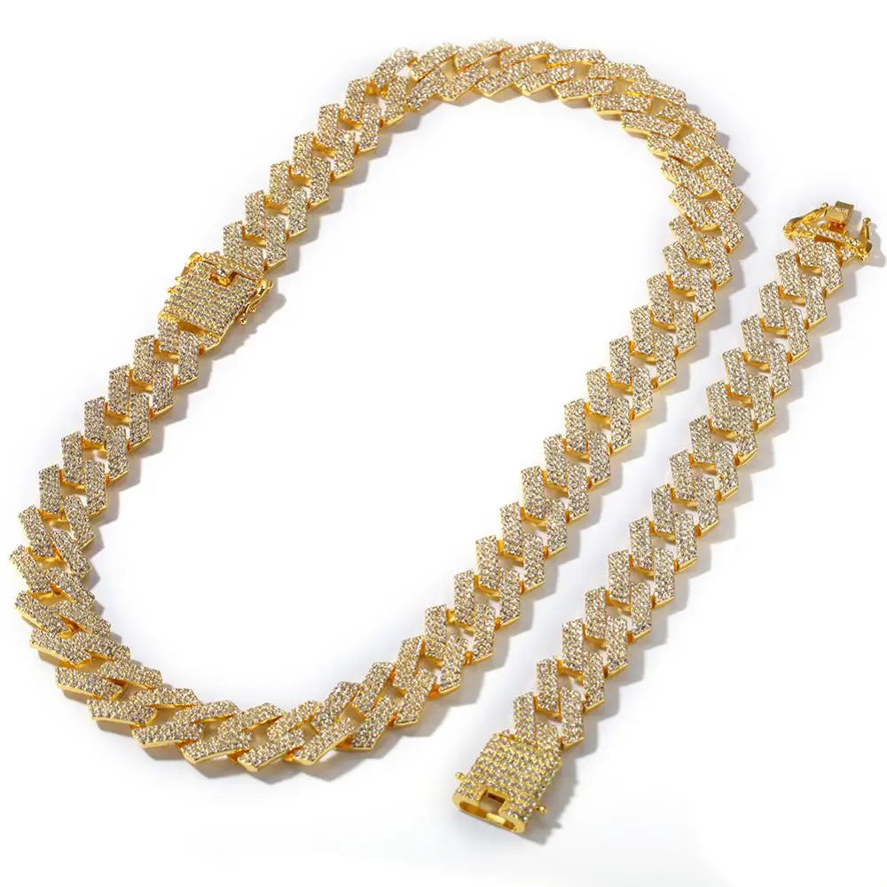 20Mm Miami Prong Cuban Chain NE+BA 3 Row Full Iced Out Rhinestones Necklace & Bracelet Mens Hiphop Jewelry Set