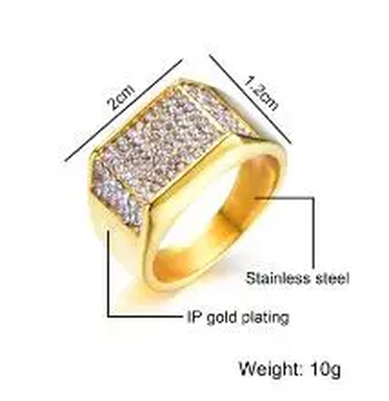 Hop Gold Color Stainless Steel Micro Pave Rhinestone Iced Out Bling Square Rings for Men Jewelry Dropsping