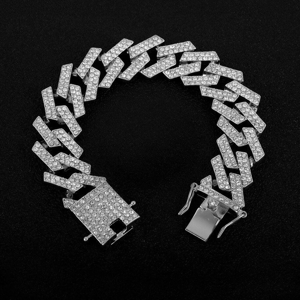 Hip Hop Bracelet Bling Iced Out Miami Zircon Cuban Prong Pave Rhinestone Men Bracelet Necklace for Men Jewelry