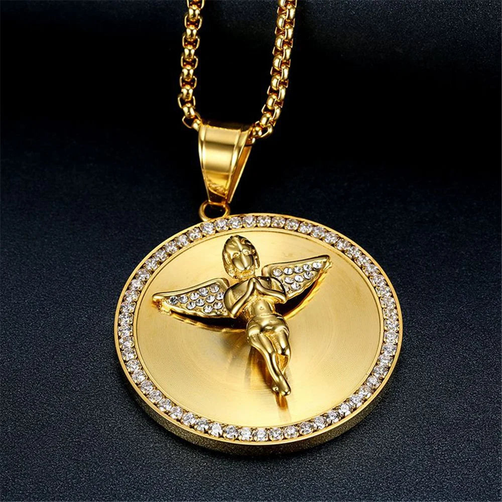 Hip Hop Iced Out Bling Angel Pendant Necklace for Men Gold Color Stainless Steel Rhinestone round Necklace Jewelry Dropshipping