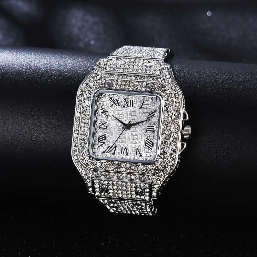 Iced Out Watch + Bangle for Women Bling Miami Bracelet Iced Out Watch for Women Luxury Gold Watch Set Women Relojes Para Mujer