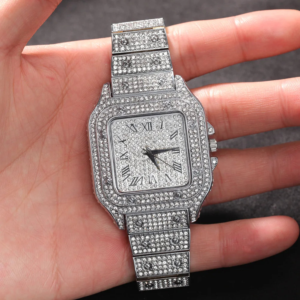 Watches for Men Luxury Hiphop Iced Out Watches Gold Sliver Rhinestone Quartz Square Wristwatch Relogio Masculino Groomsmen Gifts