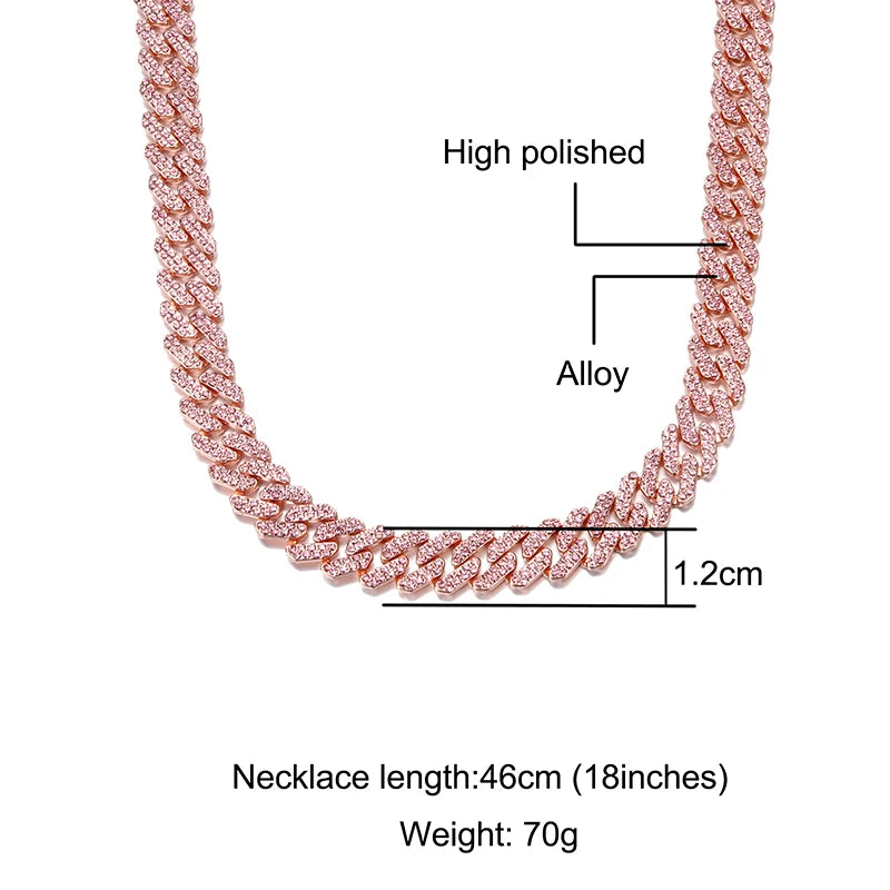 Hop 12MM Prong Cuban Chain Full Iced Out Paved Pink Rhinestones Miami CZ Bling Rapper Necklaces Bracelets for Women Jewelry