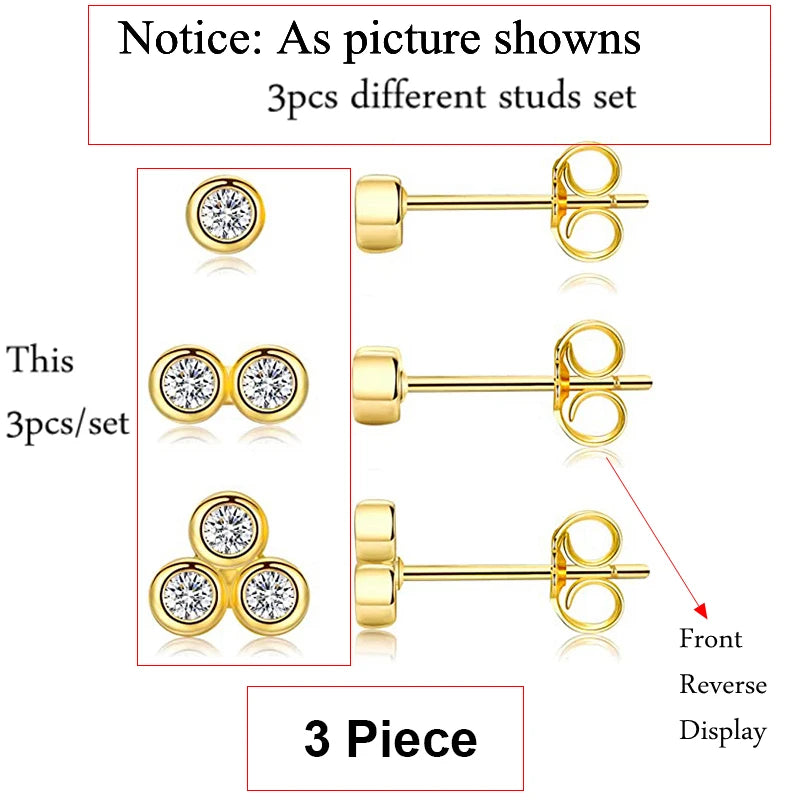 2/3/4Mm 925 Sterling Silver Diamond Earrings Women 3PCS Mini Stud Earrings Set Gold Fine Jewelry Boucle Oreille Femme