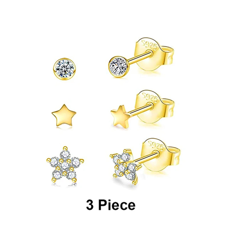 3PC 925 Sterling Silver Star Triangle Stud Earrings Women Glossy Geometric Diamond Earrings Korean Gold Jewelry Wholesale