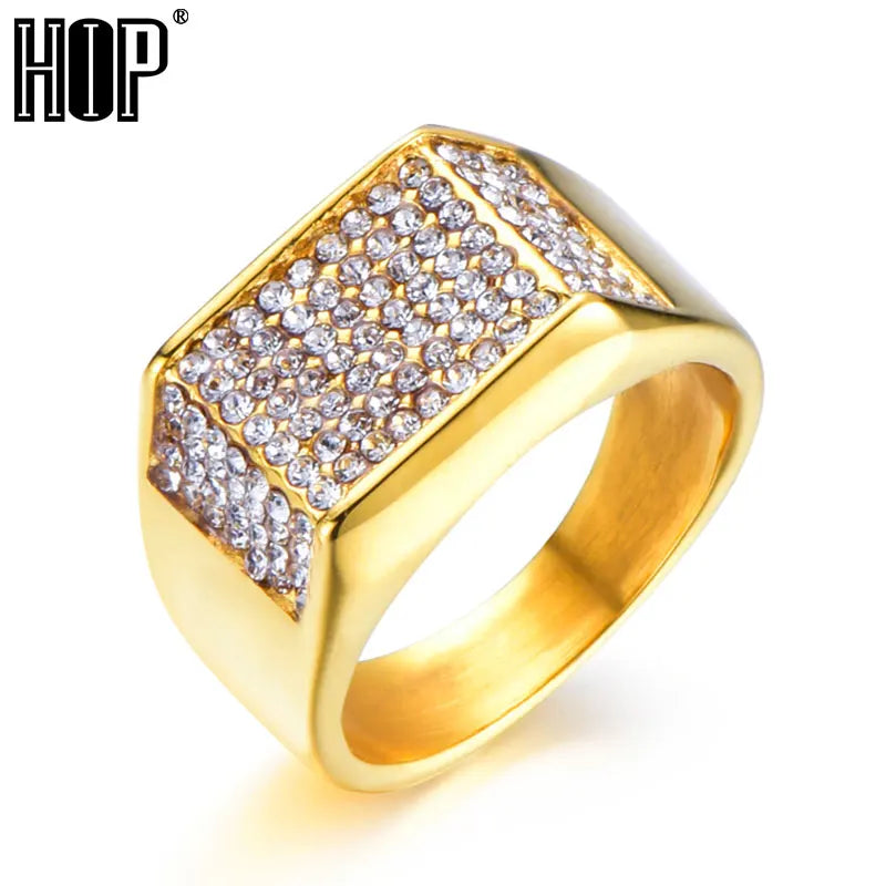 Hop Gold Color Stainless Steel Micro Pave Rhinestone Iced Out Bling Square Rings for Men Jewelry Dropsping