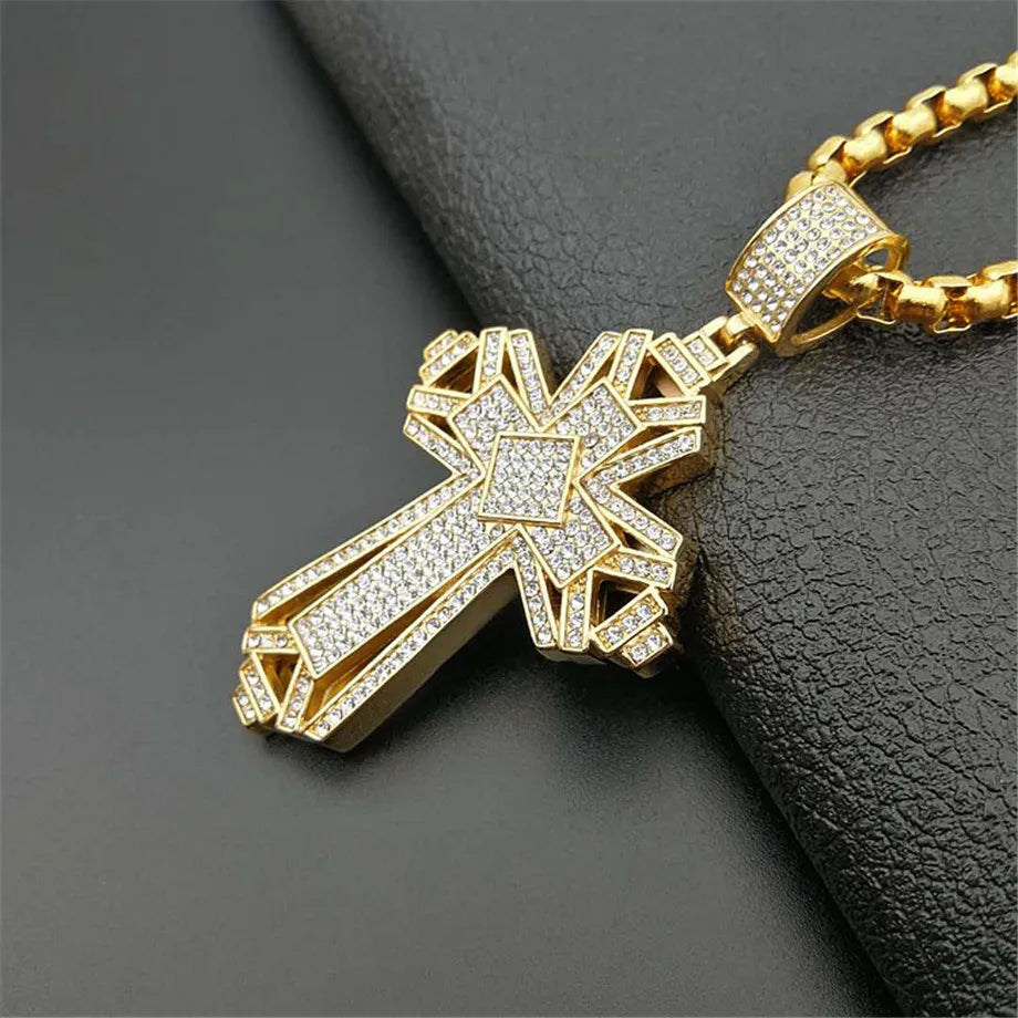 2019 Newest Iced Out Stainless Steel Big Cross Pendant Necklace for Men Gold Color Christian Cruzar Necklace Religious Jewelry