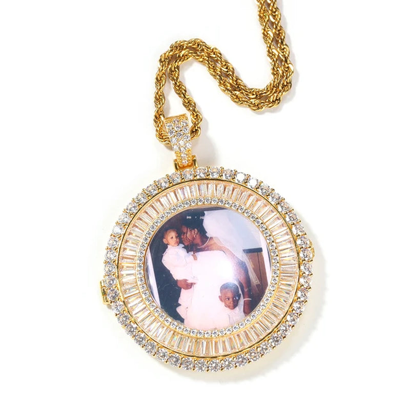 Bagnette Custom Photo Necklace Charm Hiphop Bling Iced Out AAA Cubic Zircon Hiphopjewelry for Gift Tennis Chain