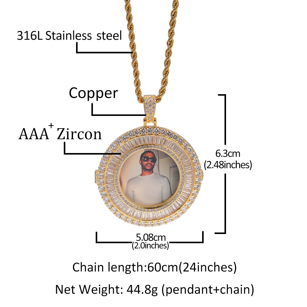 Bagnette Custom Photo Necklace Charm Hiphop Bling Iced Out AAA Cubic Zircon Hiphopjewelry for Gift Tennis Chain