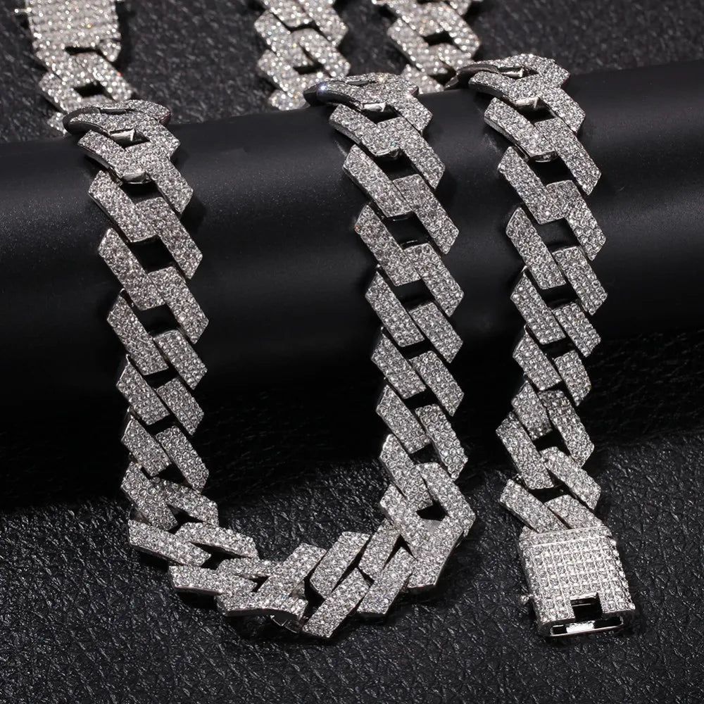 20Mm Miami Prong Cuban Chain NE+BA 3 Row Full Iced Out Rhinestones Necklace & Bracelet Mens Hiphop Jewelry Set