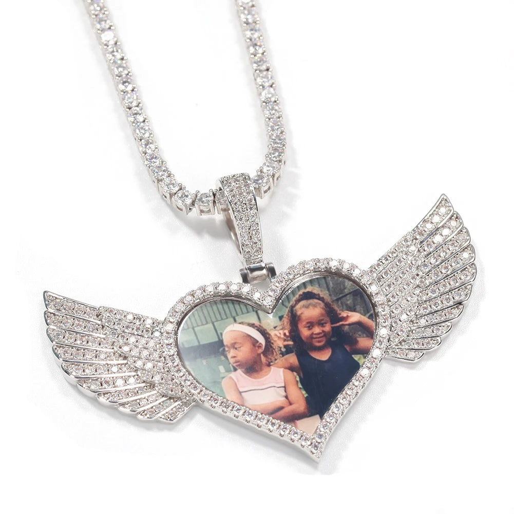 Custom Photo Necklace Heart with Wing Men Charm Hiphop Bling Iced Out Jewelry for Gift Tennis Chain