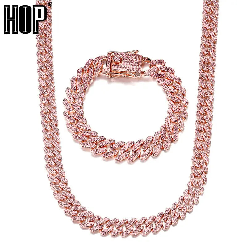 Hop 12MM Prong Cuban Chain Full Iced Out Paved Pink Rhinestones Miami CZ Bling Rapper Necklaces Bracelets for Women Jewelry