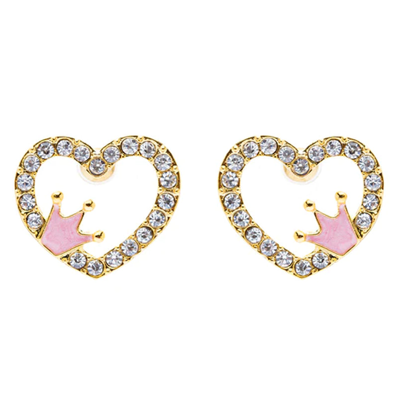 Sparkle Heart Shape with Crown Fashion Medium Stud Earrings Valentine Love Gold