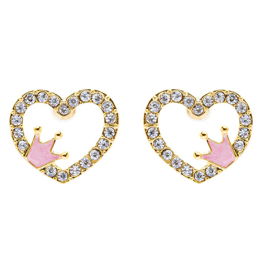 Sparkle Heart Shape with Crown Fashion Medium Stud Earrings Valentine Love Gold