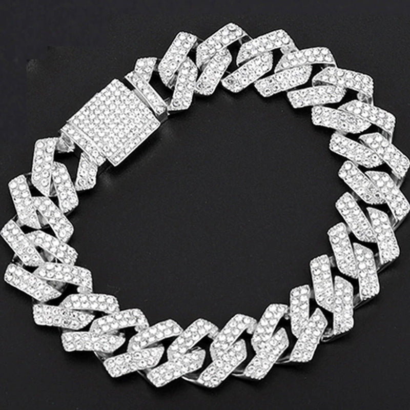 Hip Hop Bracelet Bling Iced Out Miami Zircon Cuban Prong Pave Rhinestone Men Bracelet Necklace for Men Jewelry