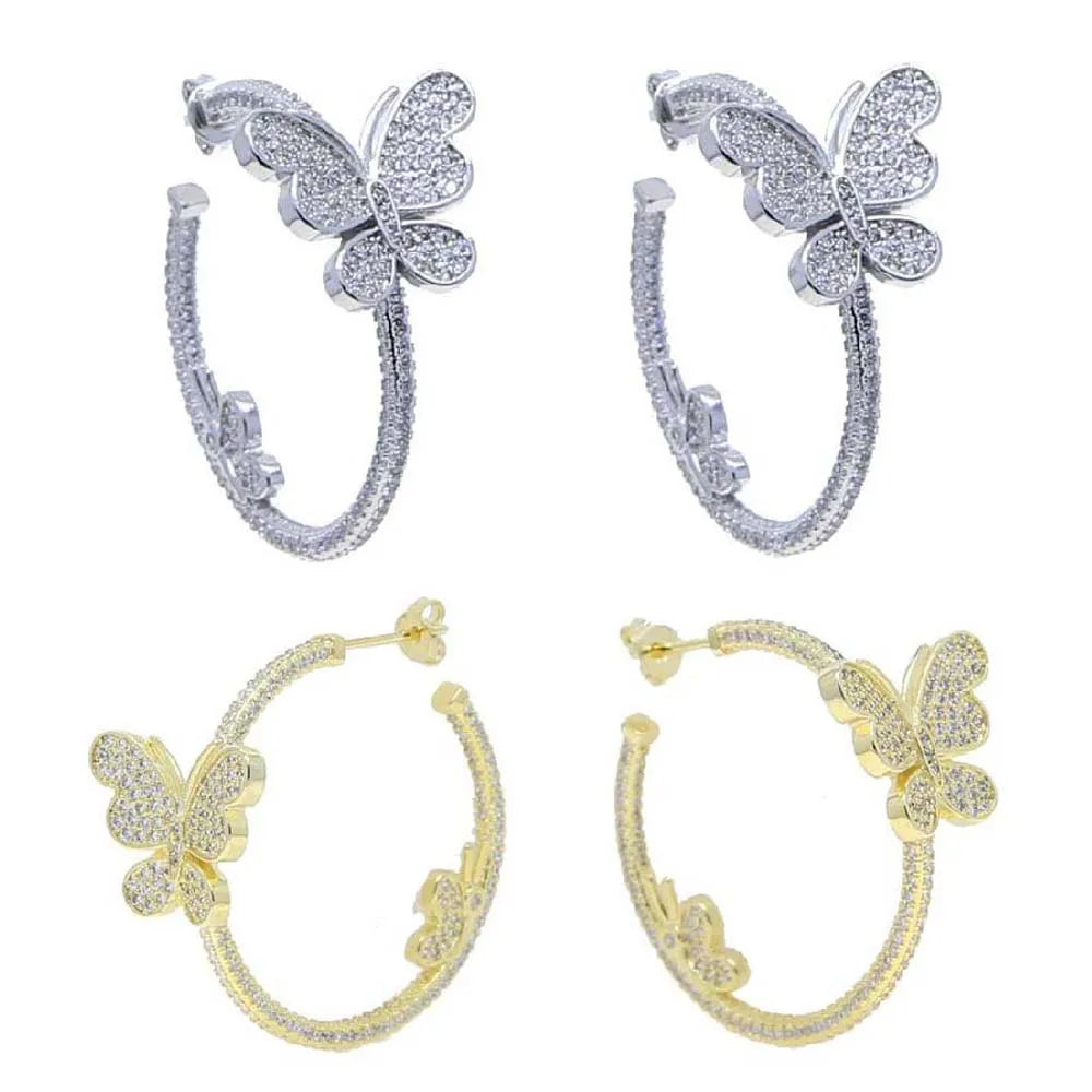 Spring New Fashion Women Jewelry Full Micro Pave CZ Iced Out Bling Butterfly Circle Hoop Earring