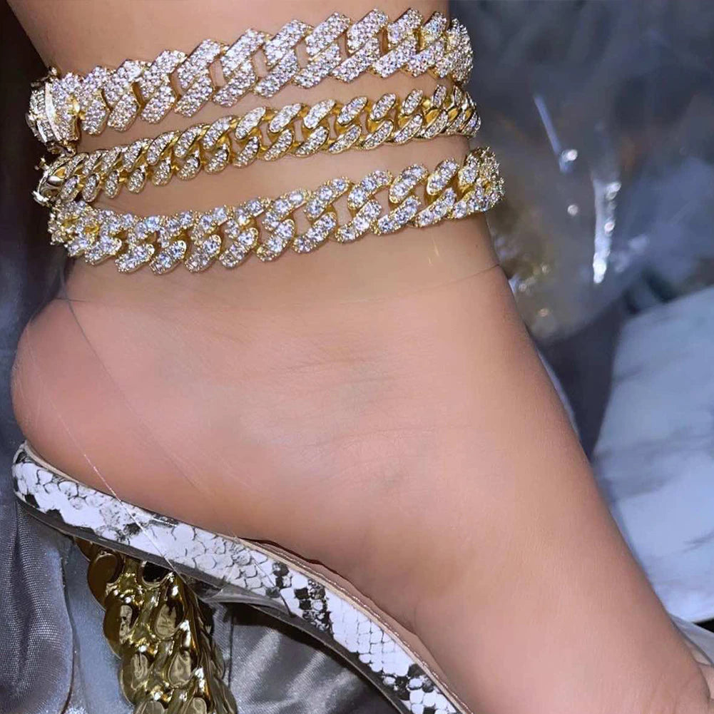 Hip Hop Iced Out Chunky Cuban Chain Anklets for Women Luxury Rhinestone Link Ankle Bracelet Beach Barefoot Jewelry