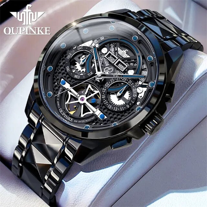 Original New in Skeleton Automatic Watch for Men Tungsten Steel Mechanical Wristwatch Multi-Functions Business Man Watch