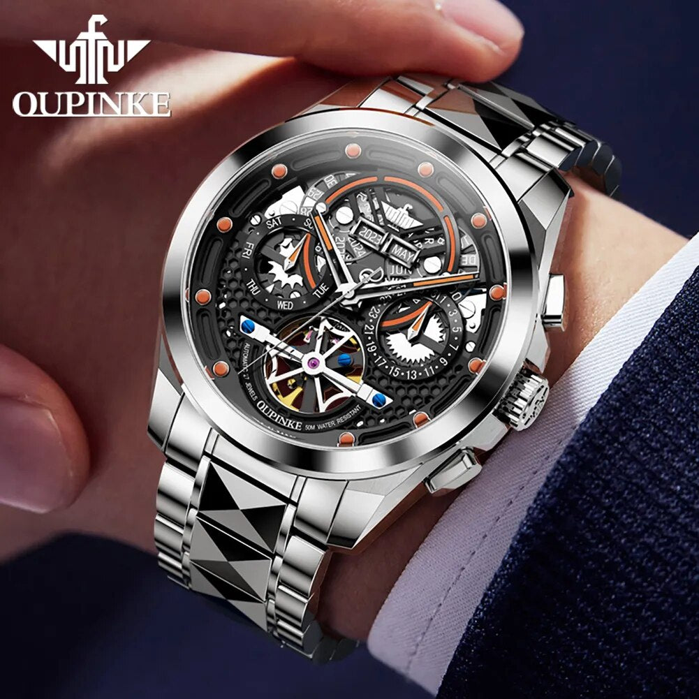 Original New in Skeleton Automatic Watch for Men Tungsten Steel Mechanical Wristwatch Multi-Functions Business Man Watch