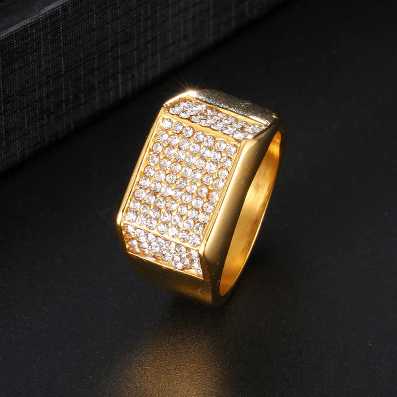 Hop Gold Color Stainless Steel Micro Pave Rhinestone Iced Out Bling Square Rings for Men Jewelry Dropsping