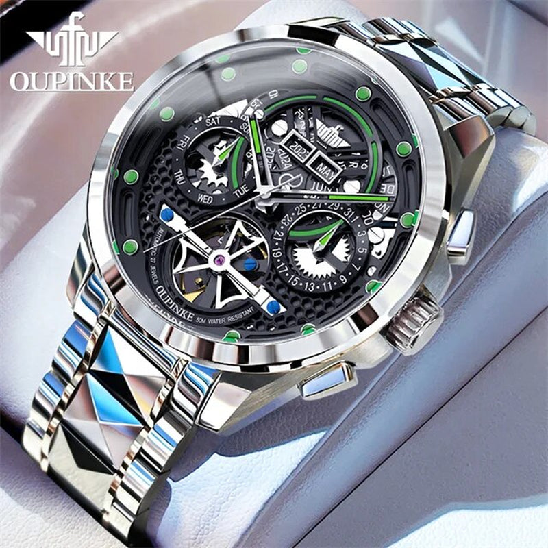 Original New in Skeleton Automatic Watch for Men Tungsten Steel Mechanical Wristwatch Multi-Functions Business Man Watch