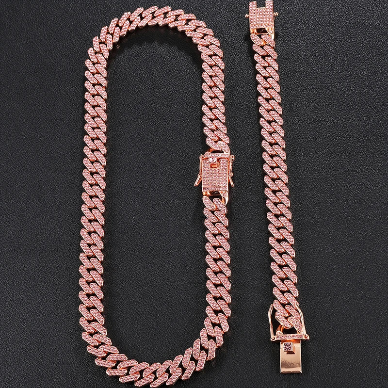 Hop 12MM Prong Cuban Chain Full Iced Out Paved Pink Rhinestones Miami CZ Bling Rapper Necklaces Bracelets for Women Jewelry