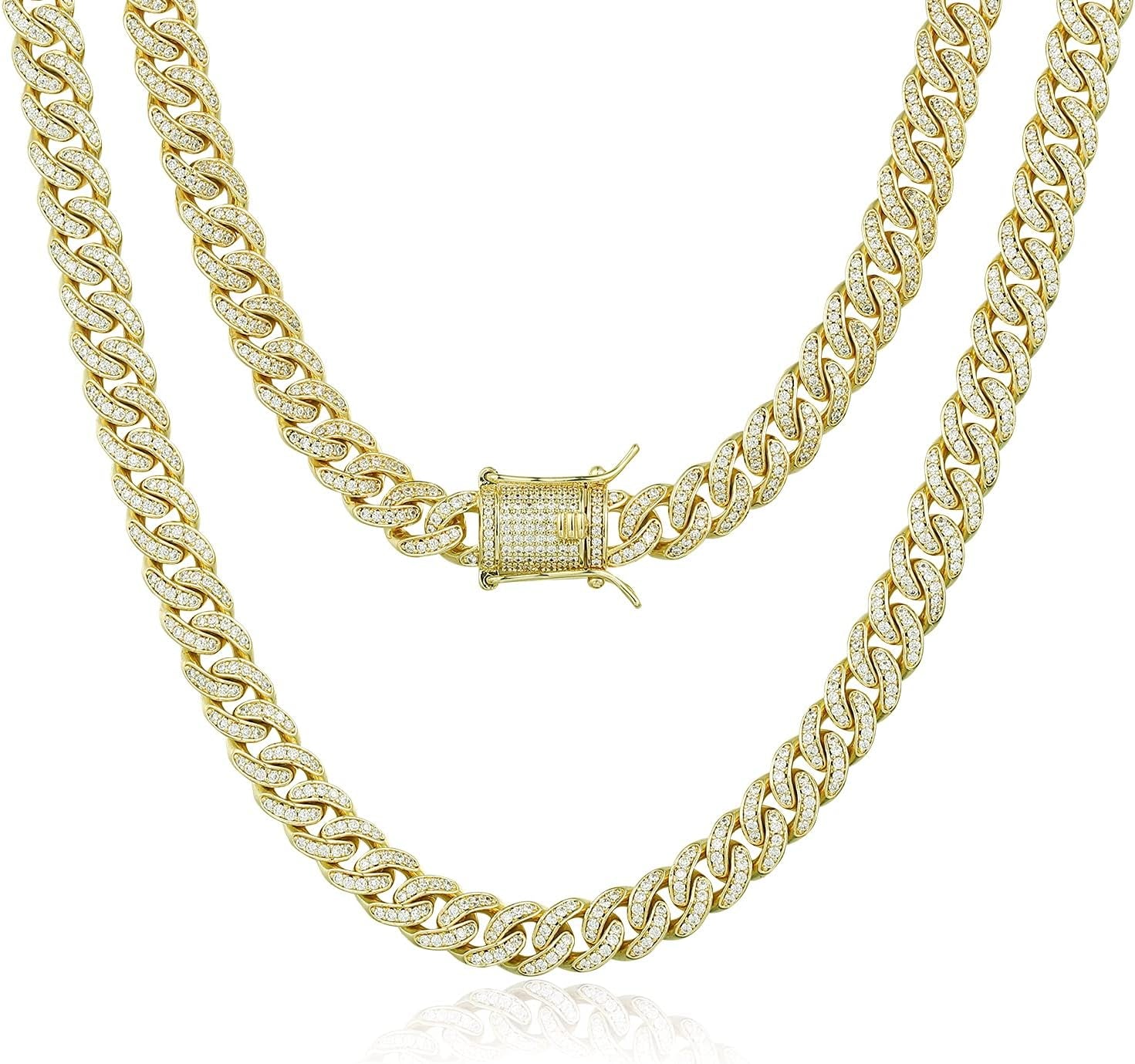 8Mm Real 14K or White Gold Plated Diamond Iced Out Cuban Link Chain or Bracelet Hip Hop Miami Prong-Setting Necklace Choker for Men Women