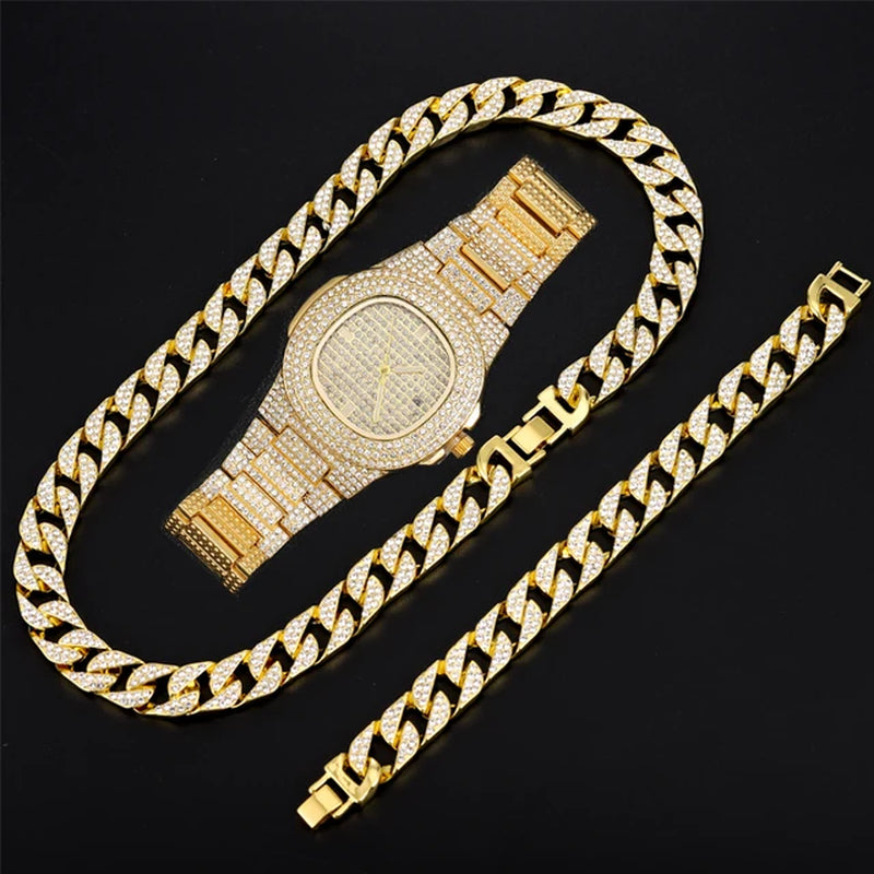 Hip Hop Prong Cuban Link Chain Necklace & Bracelet Iced Out Bling Cuban Chain Rhinestone Chains for Men Punk Rapper Jewelry