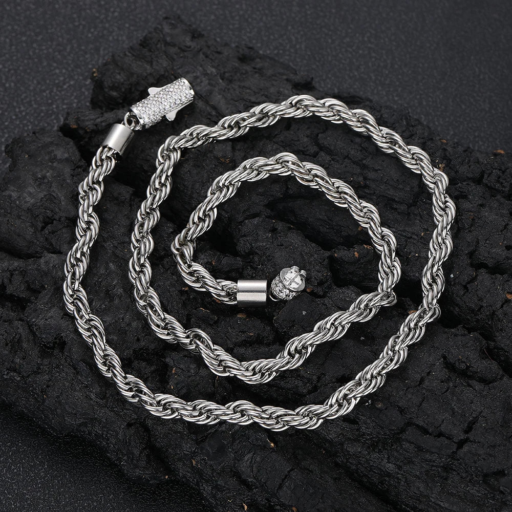 New Style 6Mm Iced Out Clasp Rope Chain Stainless Steel Twist Rope Chain Necklace Jewelry for Women Free Shipping