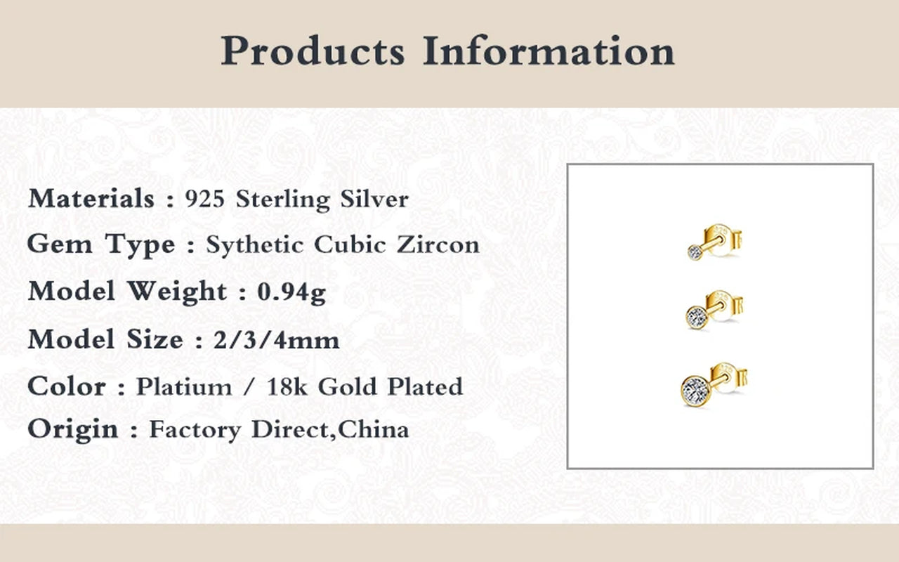 3Pcs round Zircon Gold Earrings for Women Real 925 Sterling Silver Mini Diamond Earrings Fashion Jewelry Pendientes Plata