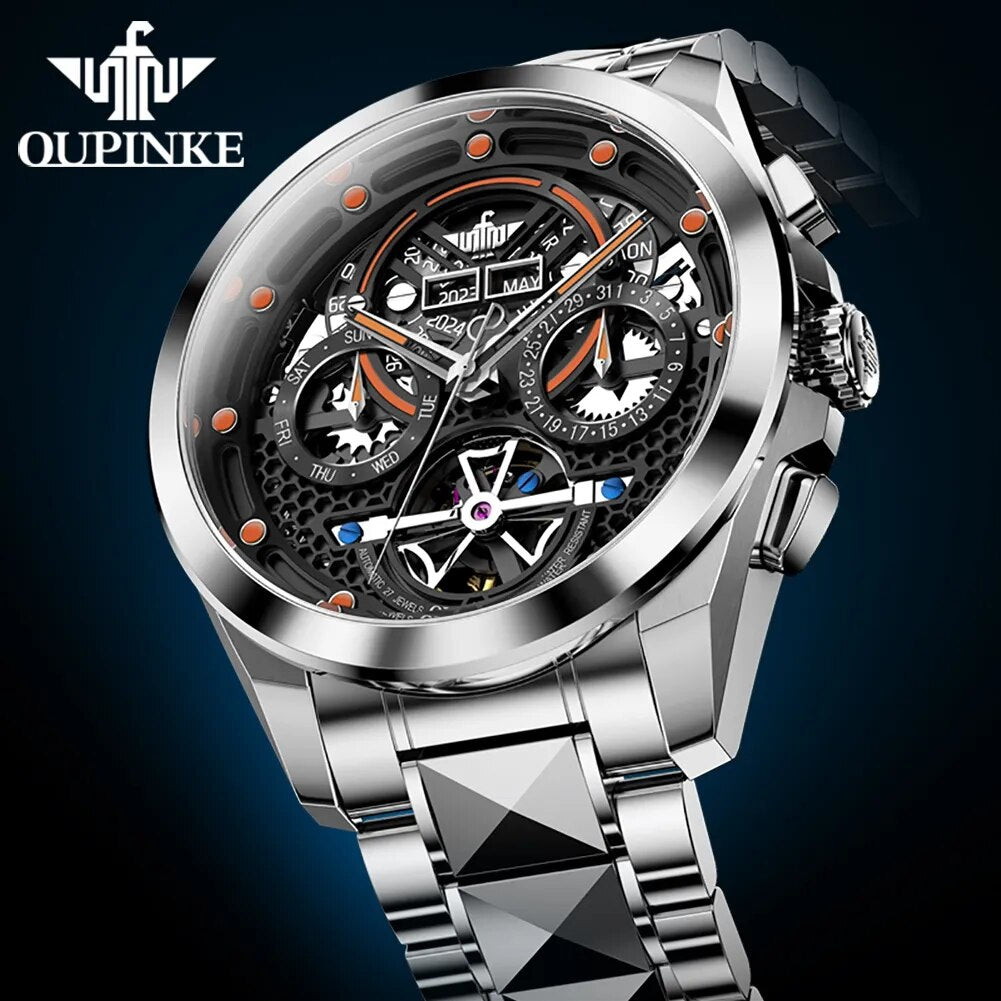 Original New in Skeleton Automatic Watch for Men Tungsten Steel Mechanical Wristwatch Multi-Functions Business Man Watch