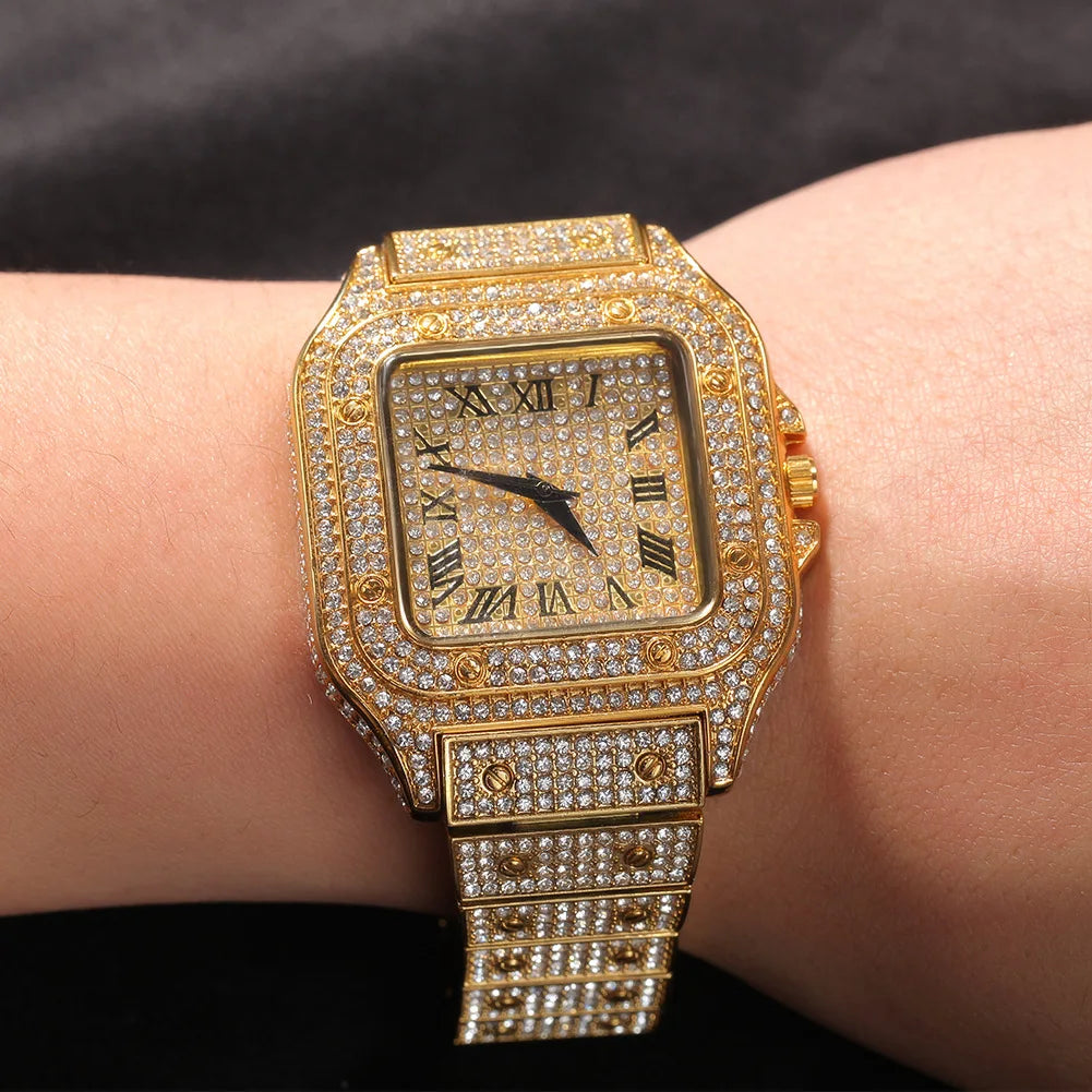 Watches for Men Luxury Hiphop Iced Out Watches Gold Sliver Rhinestone Quartz Square Wristwatch Relogio Masculino Groomsmen Gifts